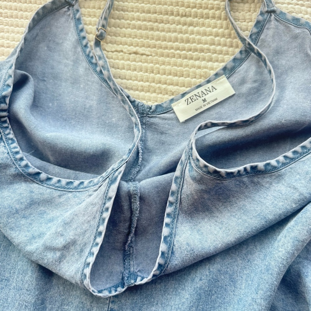 Zenana Lyocell Chambray Wide Leg Jumpsuit Vintage Wash Blue Flowy L AND M NWT - Picture 5 of 9